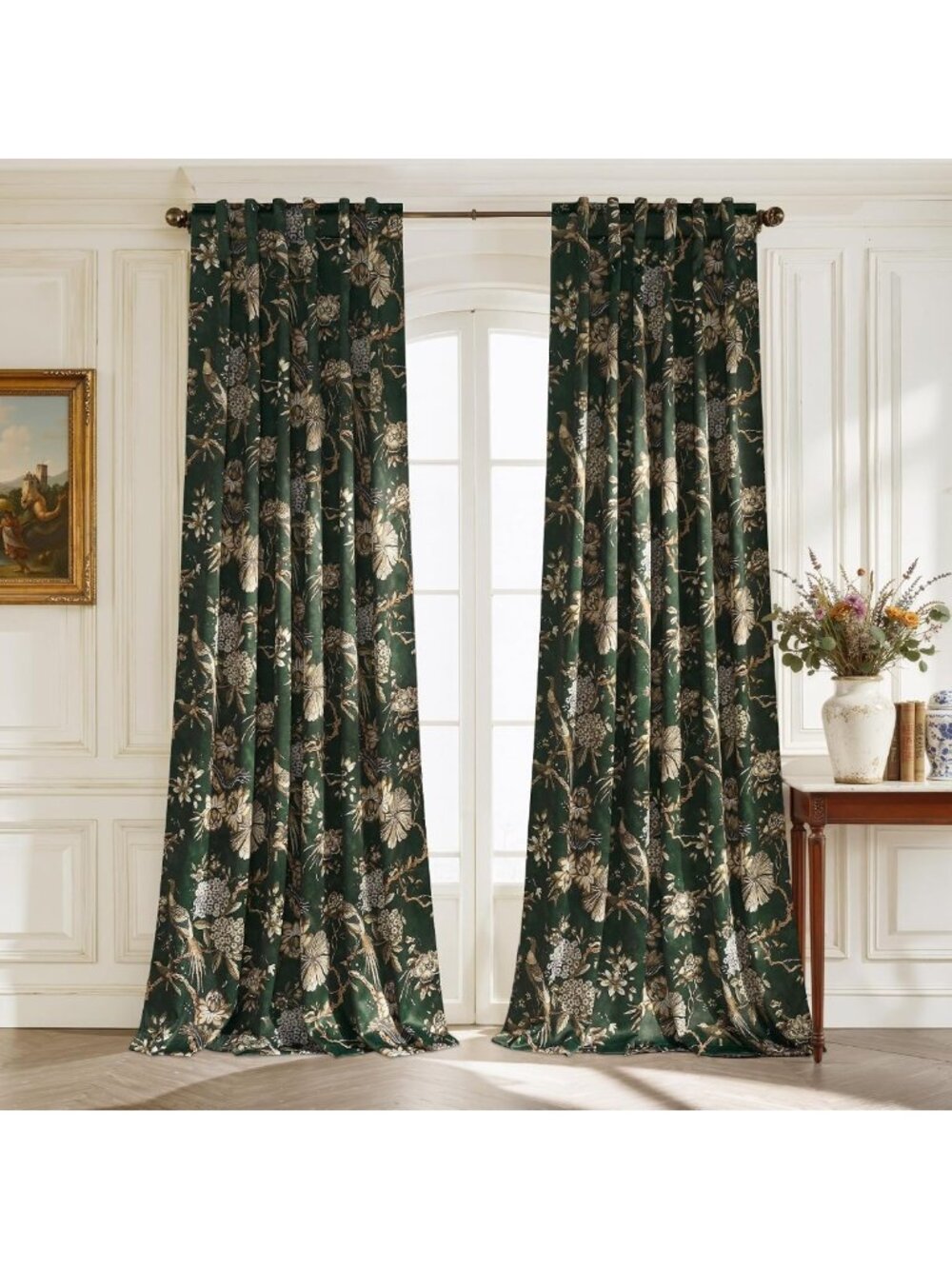 Green Floral 100% Blackout Curtains, 2 Panels, W52 x L84, Energy Efficient